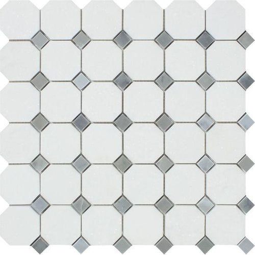 Thassos White Octagon Blue Dot Mosaic