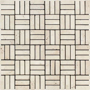 Ivory Travertine Tumbled Strip Mosaic 5/8"x2"