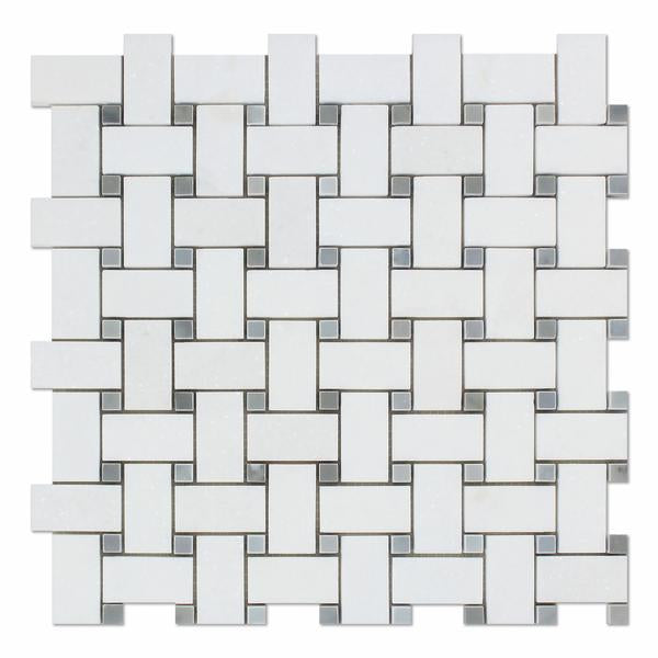 Thassos White Basketweave Blue Dots Mosaic