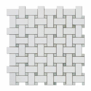 Thassos White Basketweave Green Dots Mosaic