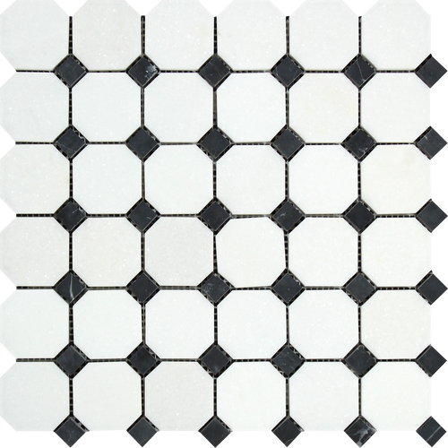Thassos White Octagon Black Dot Mosaic