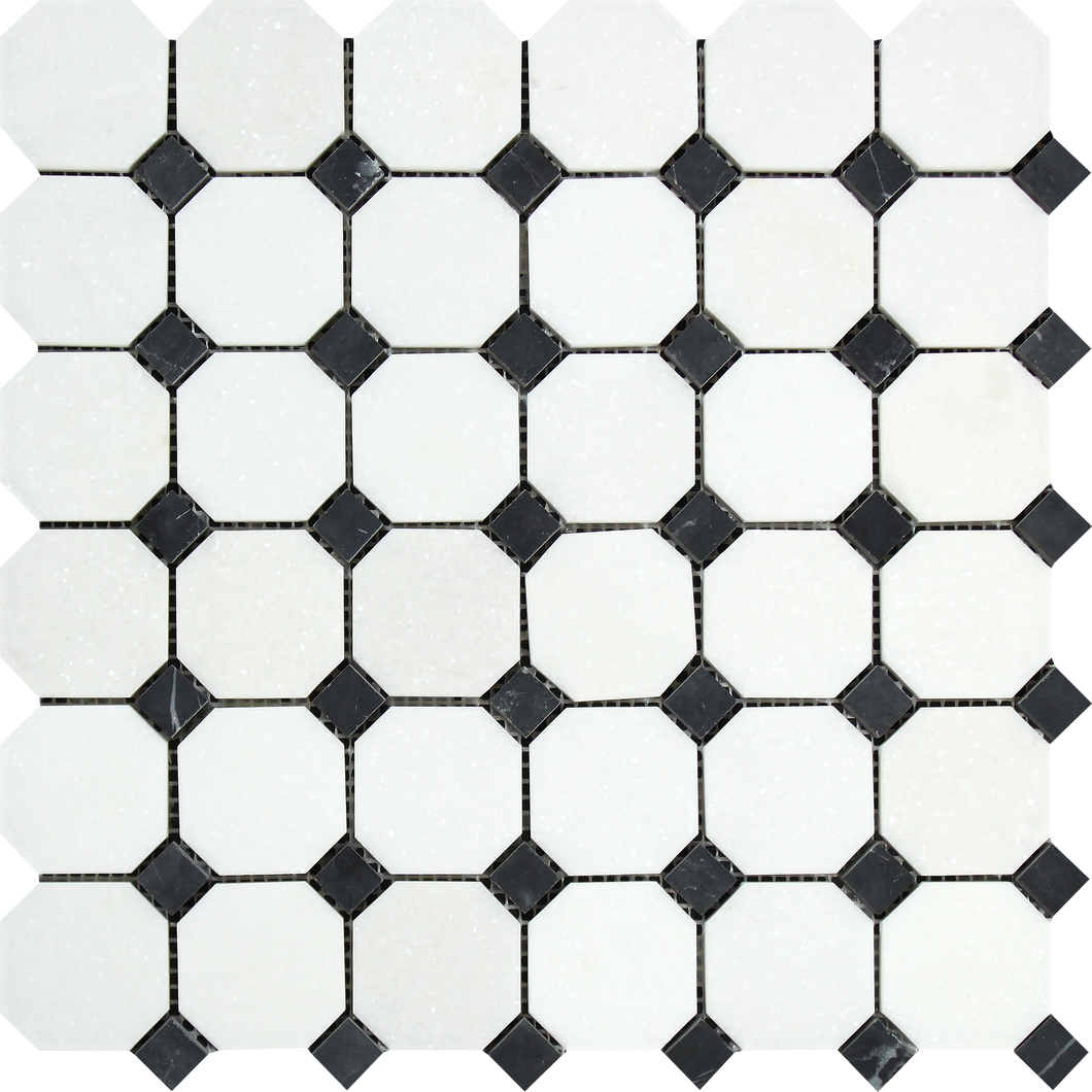 Thassos White Octagon Black Dot Mosaic